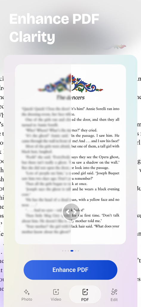 Un confronto prima e dopo che mostra l'app Artguru che migliora la chiarezza di un documento PDF sfocato