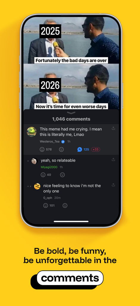 Screenshot dell'app iFunny che mostra commenti e interazioni degli utenti sotto un meme umoristico sugli anni 2025 e 2026.