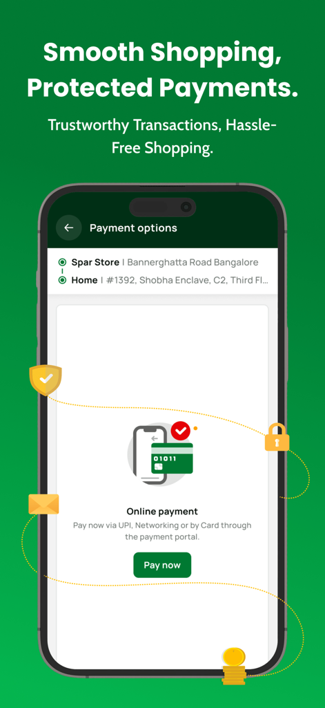 A mobile interface for SPAR India showing secure online payment options with a protected transactions message