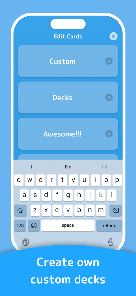Charades - Family & Party Game - Interfaz de la aplicación Charades que muestra la pantalla para crear y editar mazos de tarjetas personalizados con un teclado digital.