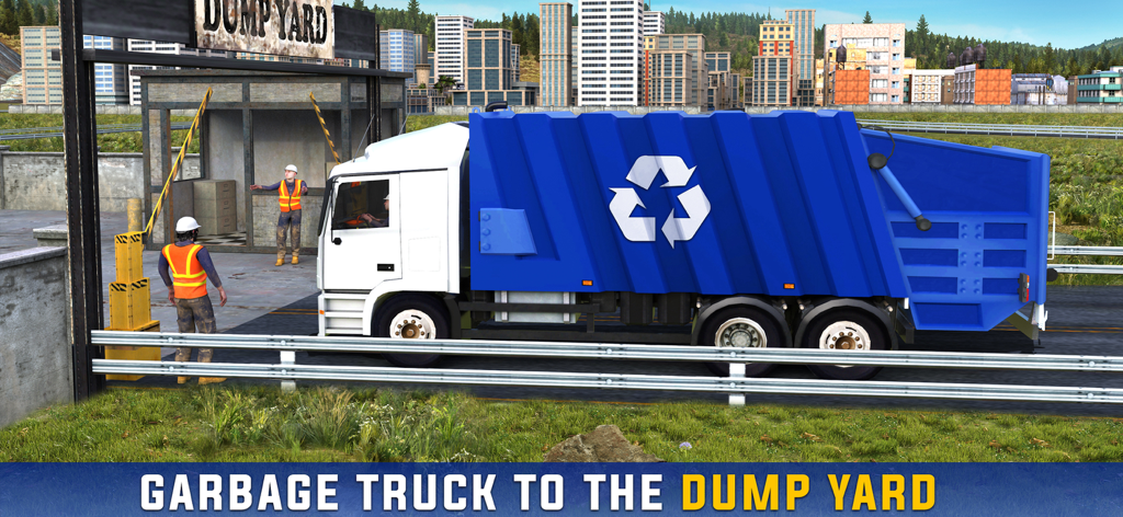 A blue recycling truck arriving at a city dump yard with workers in Garbage Truck Simulator 2024