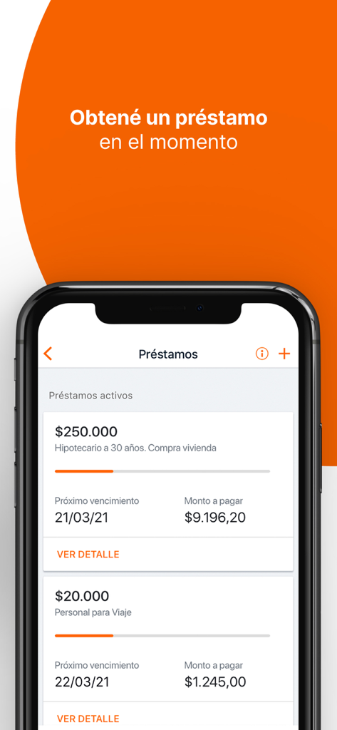 Galicia mobile app interface showing active personal and mortgage loan details including payment amounts and due dates