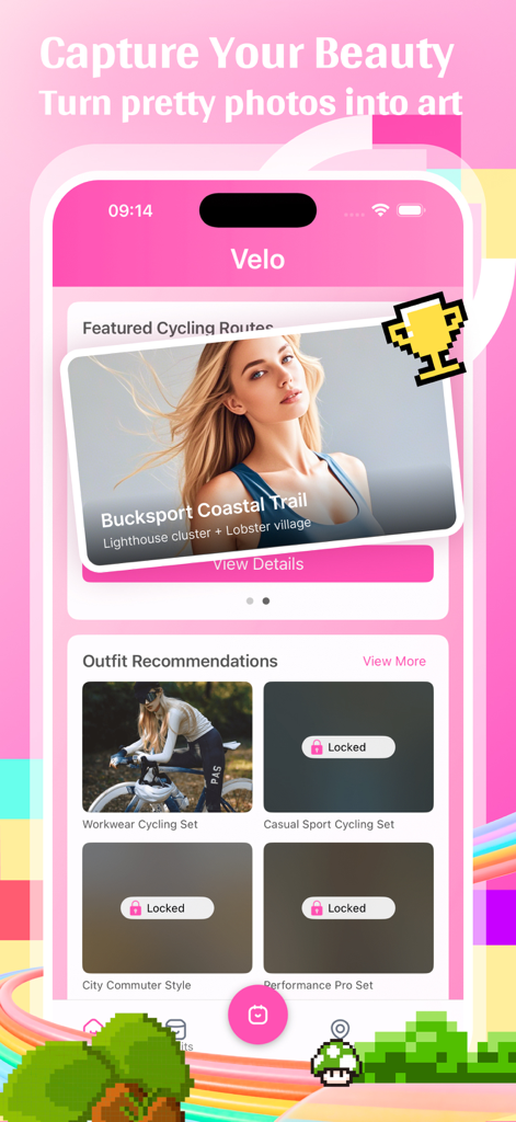 Velo: Cycle Crew - Interface of Velo Cycle Crew app displaying featured cycling routes and stylish outfit recommendations.