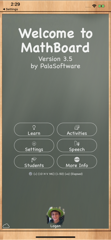 MathBoard - MathBoard app welcome screen featuring a chalkboard theme with menu buttons for Learn Activities and Settings