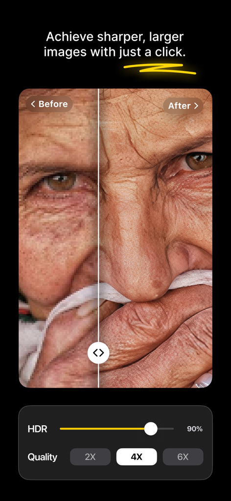 AI Upscaler - Image Enhancer - 픽셀화된 얼굴이 4배 품질로 AI 이미지 업스케일링을 사용하여 선명한 고화질 초상화로 변환된 이전 및 이후 비교.