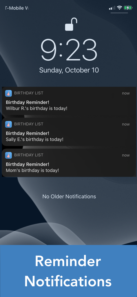 Birthday Countdown & Gift List - 다양한 사람들에 대한 여러 생일 알림을 보여주는 iPhone 잠금 화면
