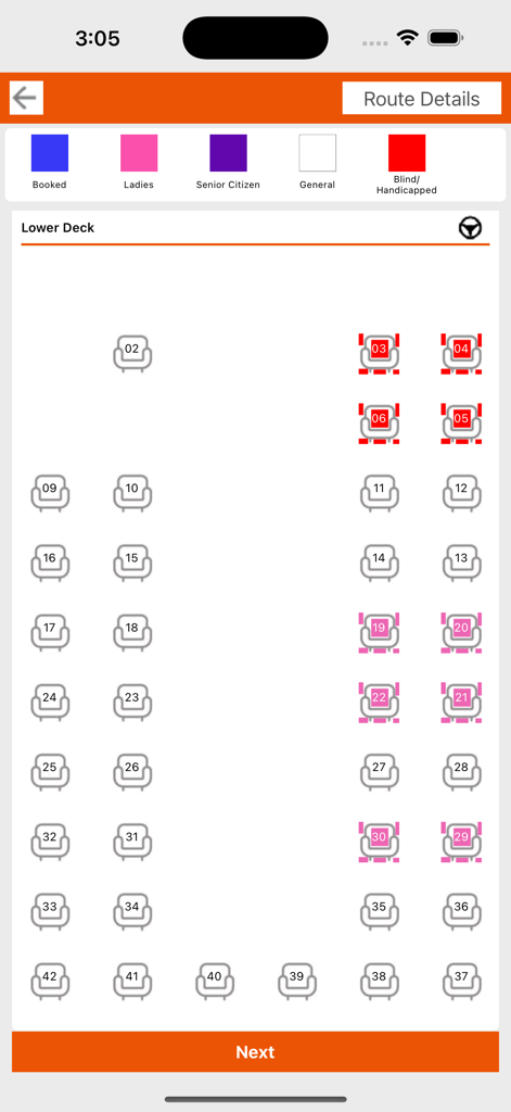 MSRTC Reservation App - Interface of the MSRTC reservation app showing the lower deck seat layout for bus booking with colored indicators for different passenger categories