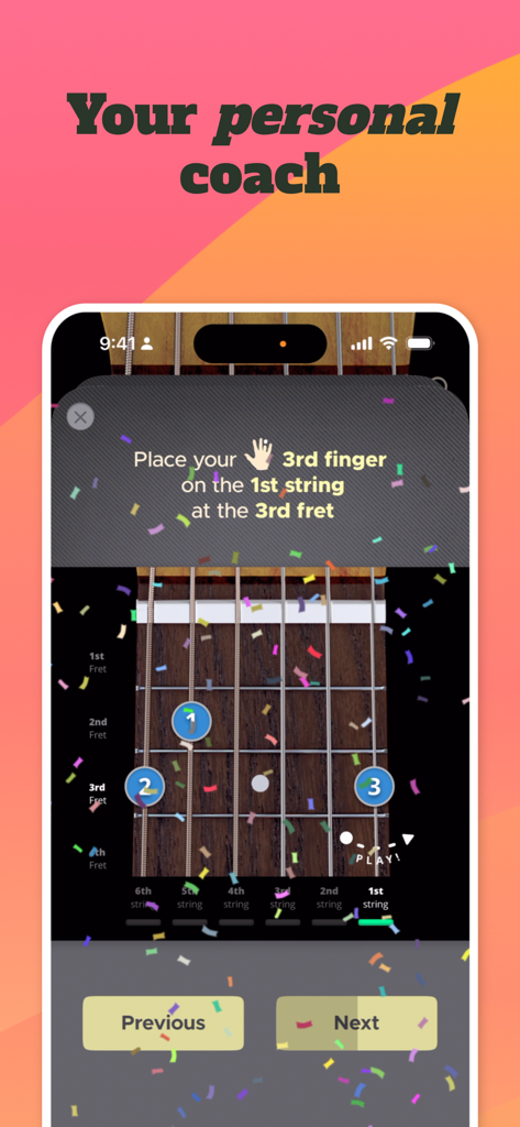 Aplicación ChordBank que muestra una guía paso a paso de colocación de dedos de guitarra en un diapasón con instrucciones de un entrenador personal.