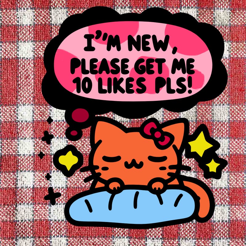 kitty taking a nap dream talking and saying "i'm new, please get me at least 10 likes pls!!"