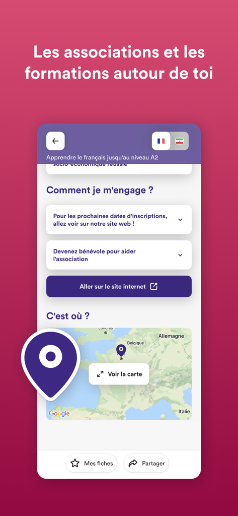 Réfugiés.info - Mobile app interface of Refugies.info displaying local associations and a map of France
