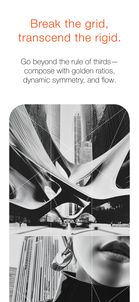 Capria - Capria app interface showing geometric composition guides and golden ratios over a black and white architectural photograph