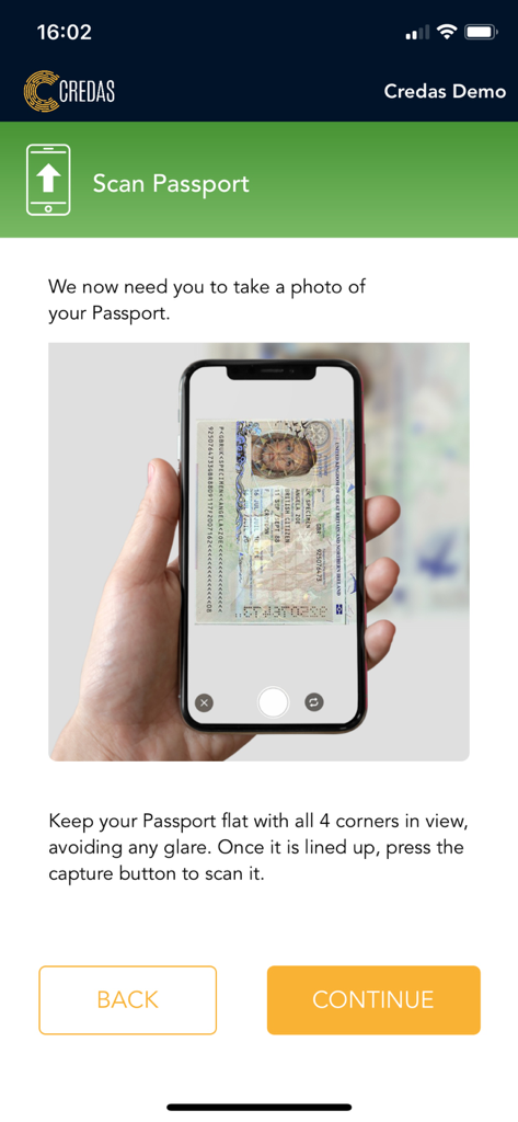 Credas - Credas app interface showing the process of scanning a passport for identity verification