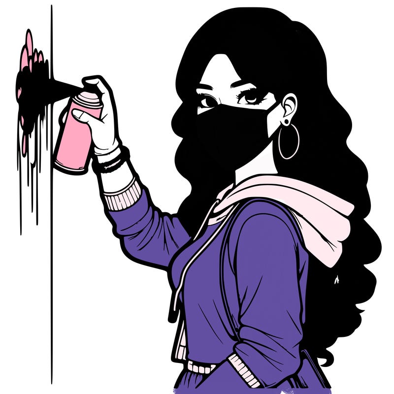 realistic girl with mask spray painting a wall