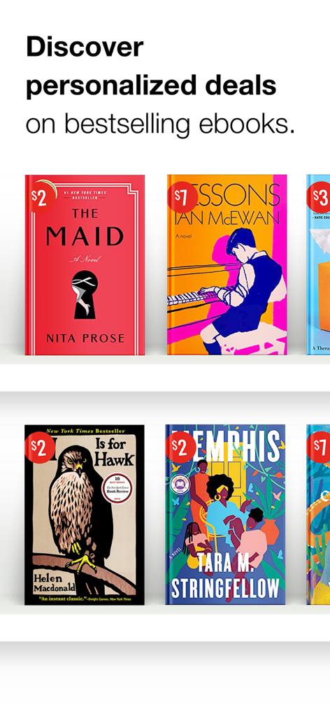 BookBub - Captura de pantalla de la aplicación BookBub mostrando una selección de libros electrónicos superventas con descuento en una estantería virtual