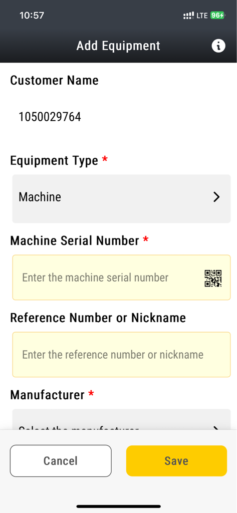 Cat® Wear Management System - Écran d'ajout d'équipement dans l'application Cat Wear Management System montrant un formulaire pour saisir les détails de la machine tels que le numéro de série et le fabricant