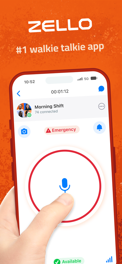 Hand pressing the push to talk button on the Zello Walkie Talkie app interface for a group communication