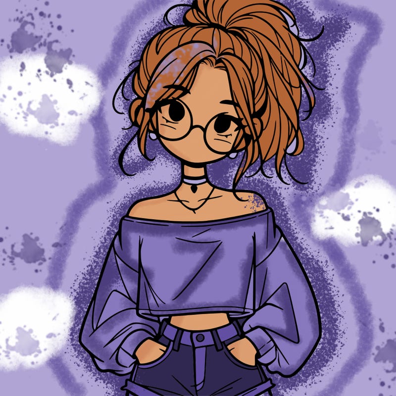 girl with a messy ponytail glasses a baggy crop top and jean shorts