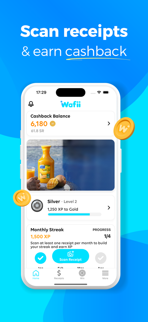 Wafii app dashboard showing cashback balance and receipt scanning feature