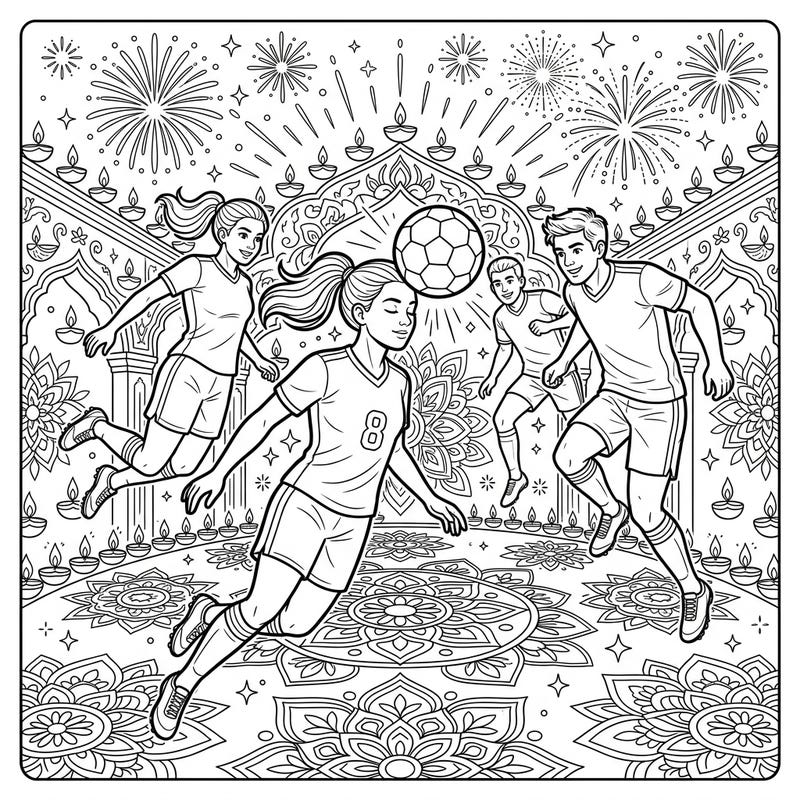 Dive into the festive spirit with this dynamic coloring page featuring skilled soccer players excelling at headers. Experience the joy of Diwali as fireworks illuminate the sky and intricate rangoli designs adorn the ground.