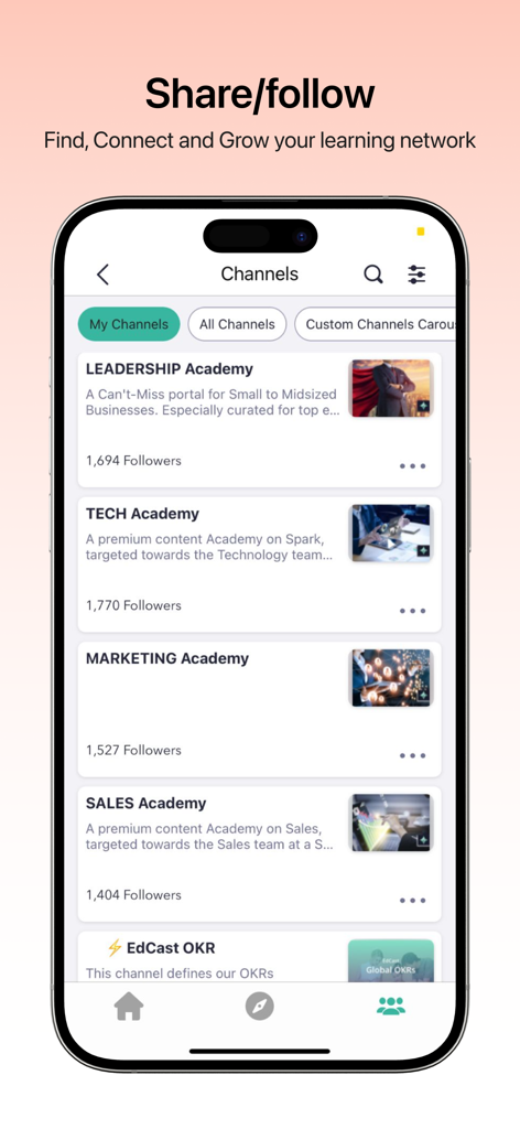 Cornerstone LearningExperience - Cornerstone LearningExperience mobile app interface showing various professional learning channels like Leadership and Tech Academy