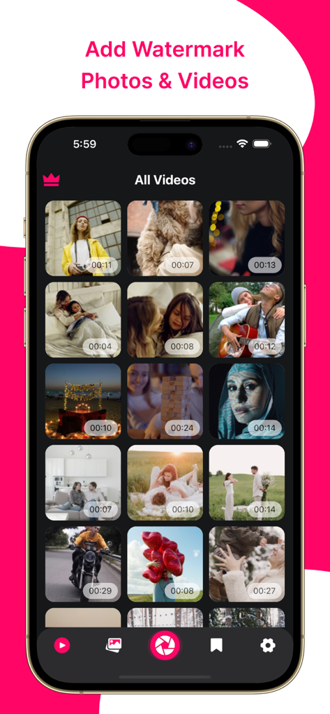 Add Watermark : Photo & Video - A smartphone interface showing a video library grid within the Add Watermark app for content creators