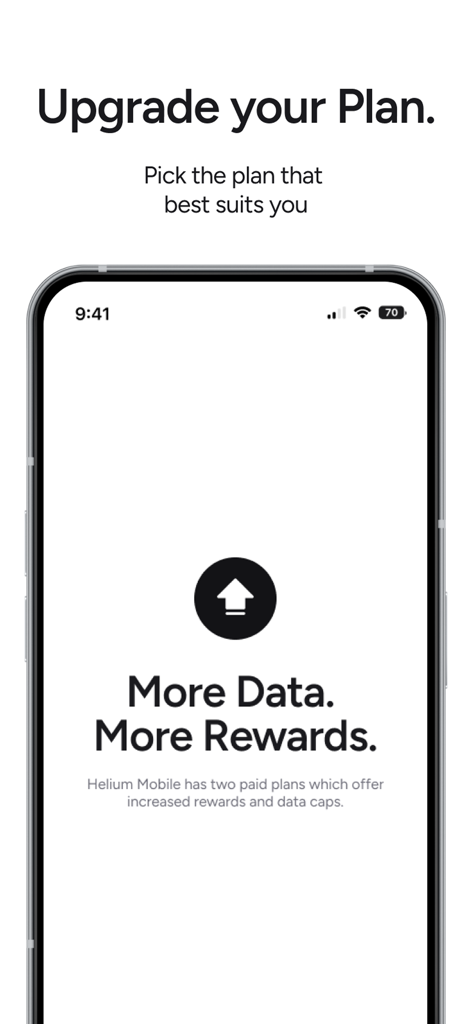 Helium Mobile - Helium Mobile app screen showing options to upgrade your plan for more data and rewards