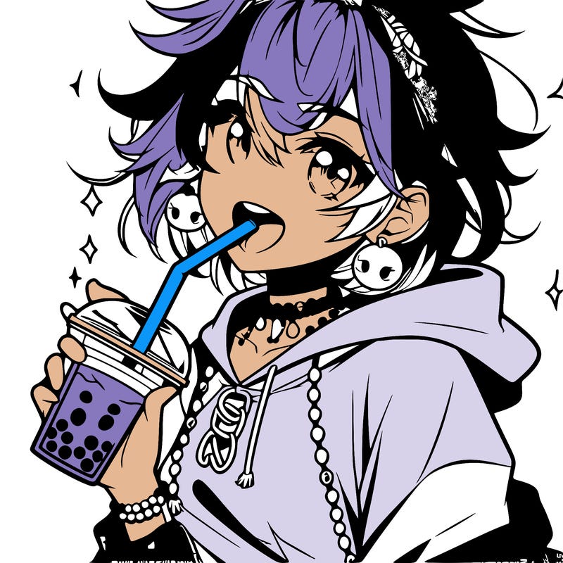 hot baddie anime girl drinking boba and biting the straw
