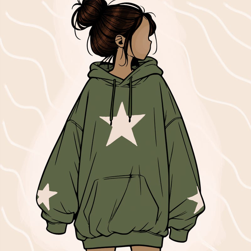 realistic girl with a oversized sweatshirt on and a bun
