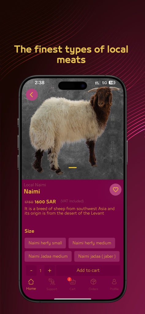 Turki Dabayh | تركي للذبائح - Product page for Naimi sheep showing price and size options in the Turki Dabayh app