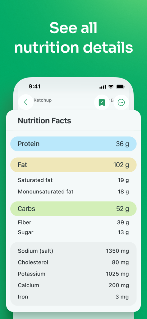 AI Calorie Tracker ・ Counter - Interfaz de la aplicación Nutri Joy que muestra hechos nutricionales completos y análisis de macronutrientes