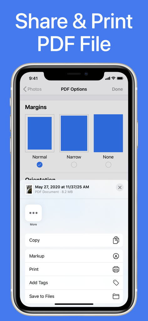 Un'interfaccia mobile che mostra le impostazioni dei margini PDF e il foglio di condivisione iOS per stampare e salvare documenti.
