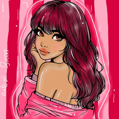 realistic girl with bangs looking over her shoulder