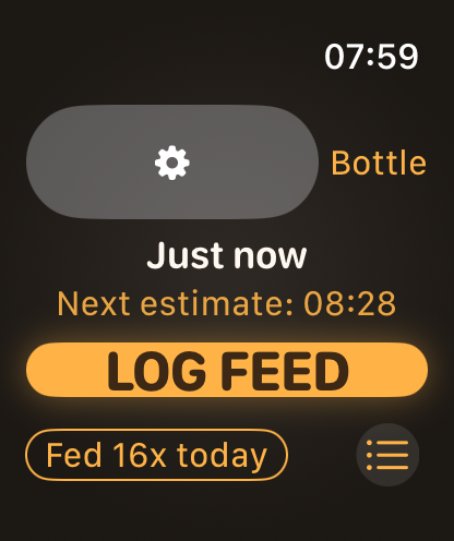 FeedLog — Baby Feed Tracker - Apple Watch interface for FeedLog showing a large log feed button and daily feeding count