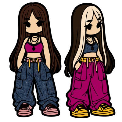 girl in baggy pants crop top and long hair