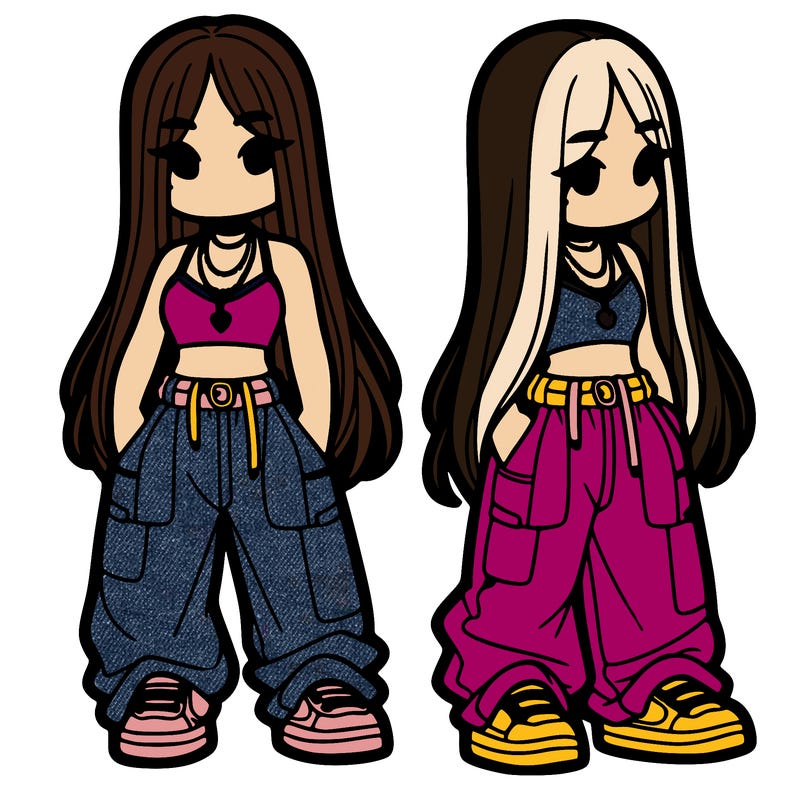 girl in baggy pants crop top and long hair