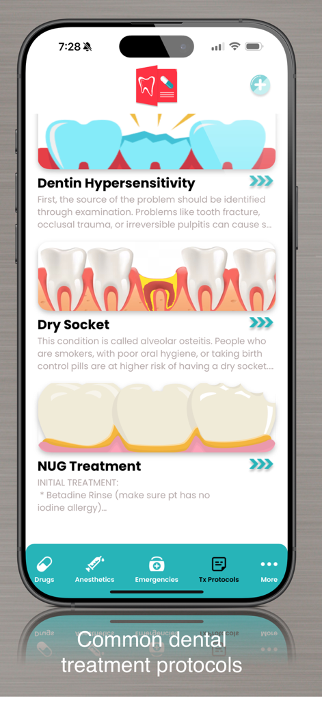 Interfaccia dell'app Dental Drugs che mostra i protocolli di trattamento clinico per l'ipersensibilità dentinale e l'alveolite secca.