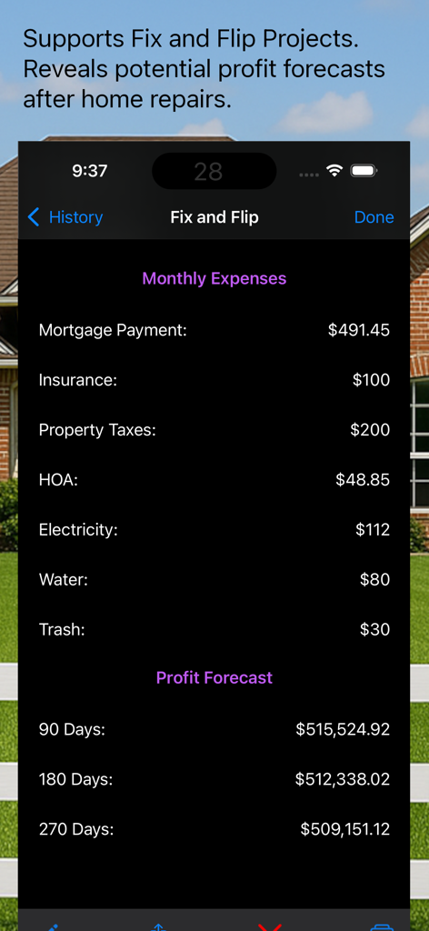 House Flip Analysis - House Flip Analysis app screen showing monthly expenses and profit forecast for real estate investment