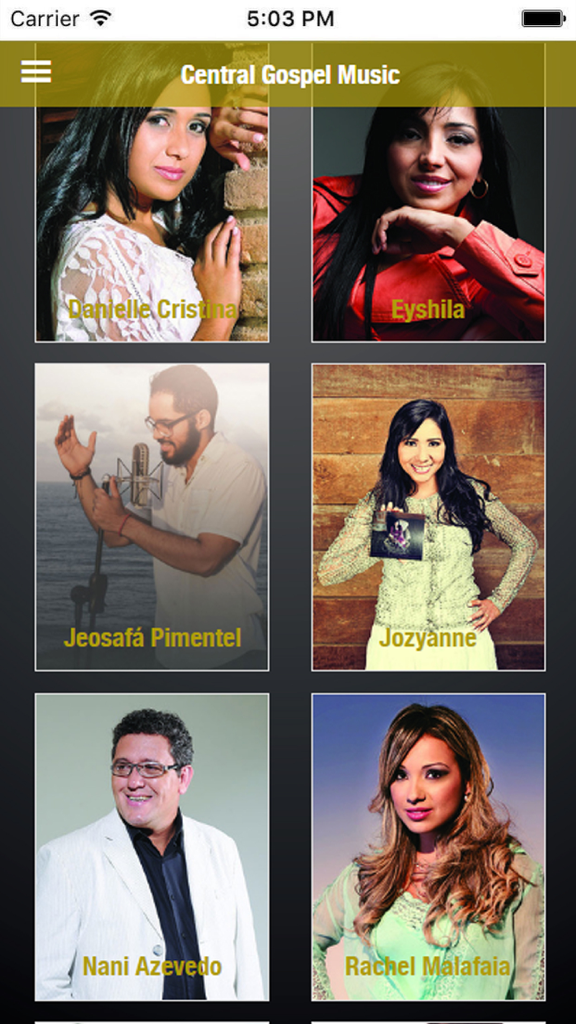 Central Gospel Music - Uma grade de artistas gospel brasileiros na interface do aplicativo Música Gospel Central