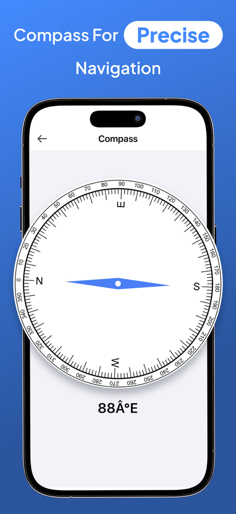 GPS Live Location - Maps - 정밀한 길찾기를 위한 디지털 나침반을 보여주는 모바일 앱 인터페이스.