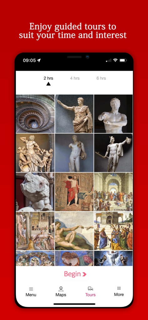 Audio Guide Vatican Museums - Mobile app screen showing guided tour options for two four and six hours with a grid of famous Vatican artworks.