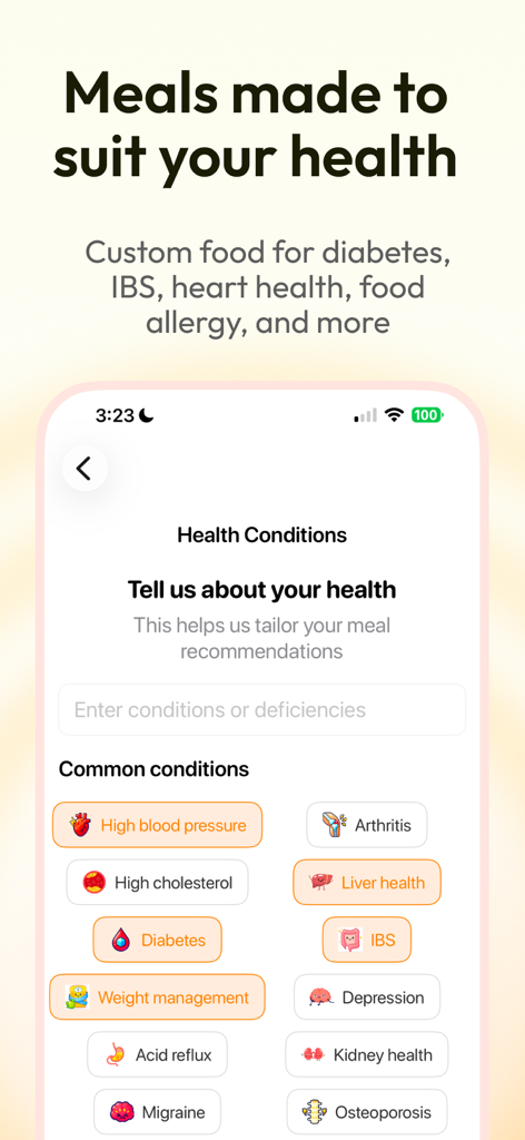 Meal Plan Identifier - Foojy - Pantalla de la aplicación Foojy que muestra una lista de afecciones de salud comunes como diabetes e hipertensión para la planificación de comidas personalizadas.