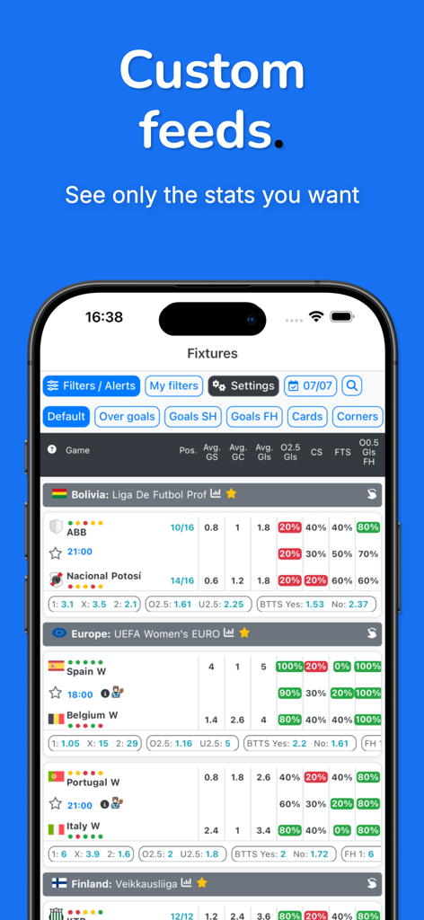 MakeYourStats - Fuentes personalizadas de estadísticas de fútbol en la aplicación móvil MakeYourStats que muestran probabilidades de partidos y cuotas.