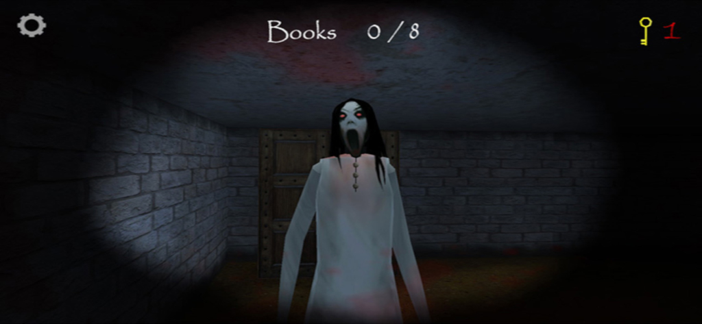 A terrifying ghost character with long black hair appearing in a dark brick cellar from the game Slendrina
