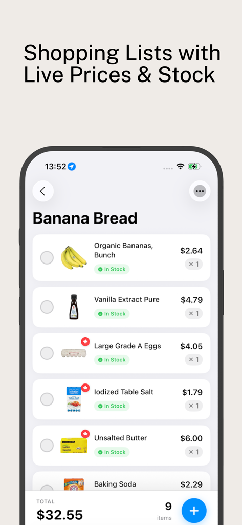 Real Canadian Superstore Deals - 바나나 브레드 재료에 대한 실시간 가격 및 품목 재고 상태가 표시된 식료품 쇼핑 목록을 표시하는 모바일 앱 화면.