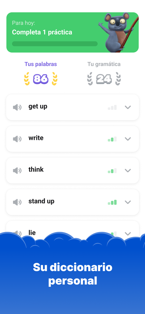 Simpler: English learning app - Interface de l'application Simpler montrant un dictionnaire personnel avec une liste de mots anglais à pratiquer