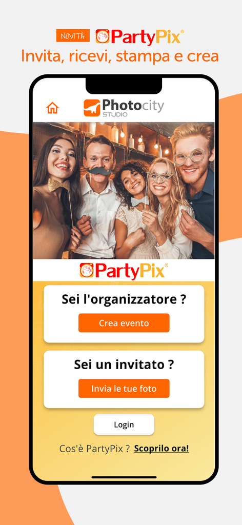 Photocity Studio - Stampa foto - Interfaccia dell'app Photocity Studio che mostra la funzione PartyPix per la condivisione e la stampa di foto di eventi