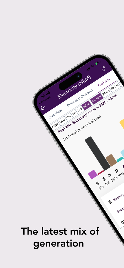 AEMO Energy Live - A mobile screen showing the fuel mix summary for the Australian energy market with a bar chart and breakdown of generation sources