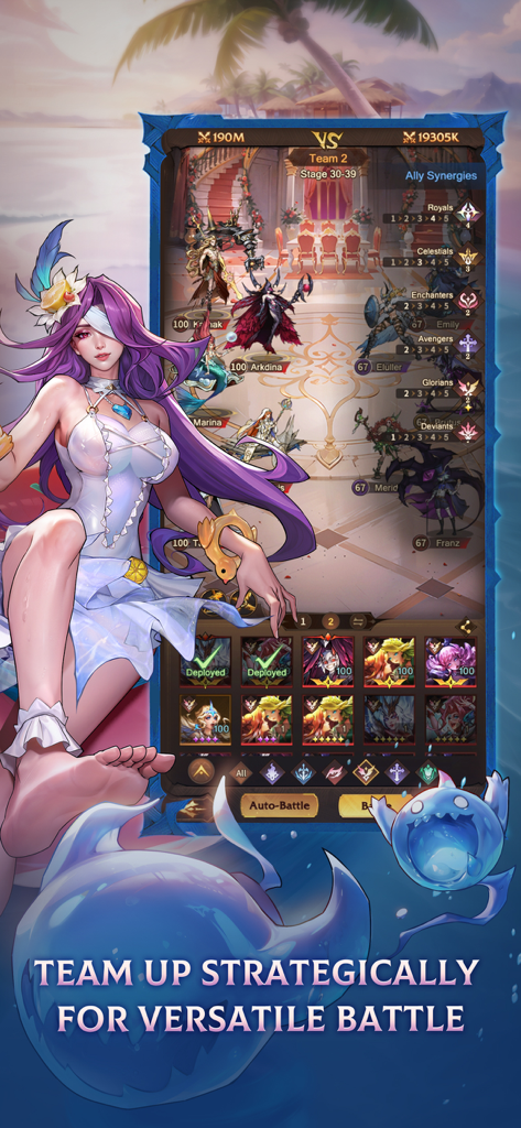 Omniheroes - Omniheroesのゲームプレイ画面。キャラクター配置と戦略的なバトルのためのチームシナジーボーナスを表示。