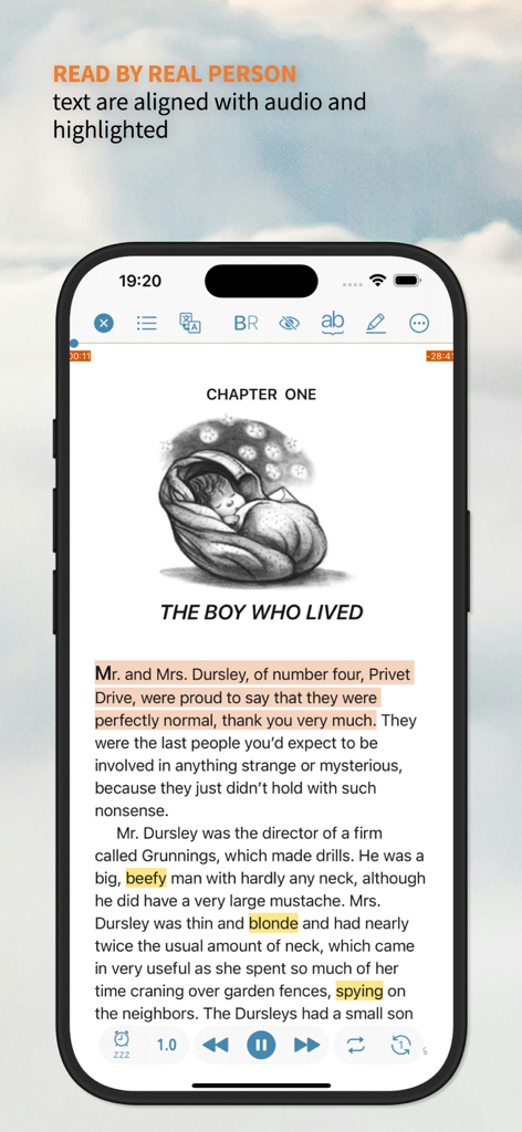 TingYue App-Oberfläche, die synchronisierte Audiowiedergabe mit hervorgehobenem Text zum Sprachenlernen zeigt
