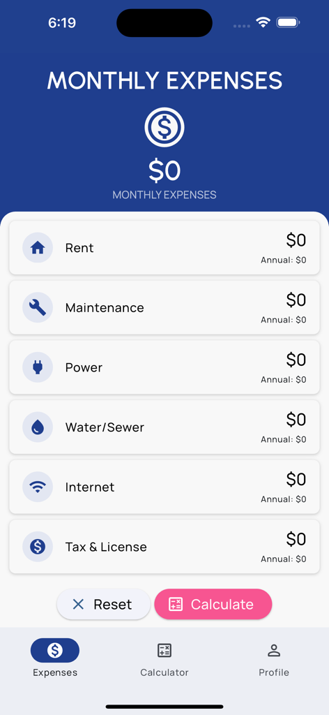 Rentalizer mobile app screen showing a monthly expenses calculator for real estate investment analysis